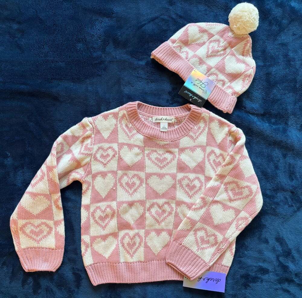 Derek Heart Toddler Pink Checkered Heart Sweater and Beanie Hat Set, Size 2T